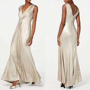 Calvin Klein Sleeveless Plunging Metallic Gown with Twist Knot Front